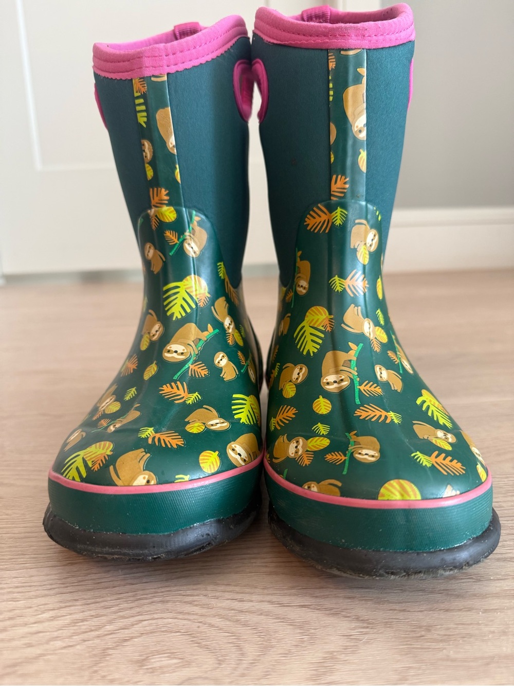 Bogs Kids Green Sloth Rain Boots with Pink Trim